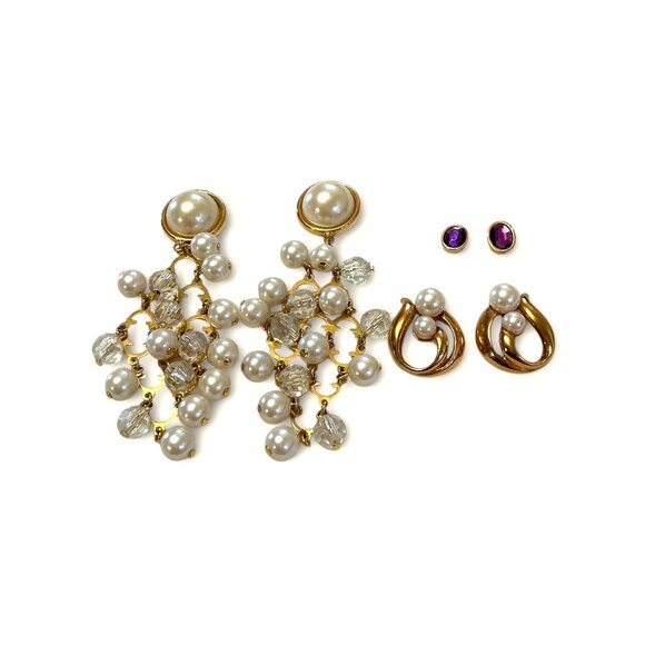 Avon Earrings Lot Of 3 Pearl Dangle & Purple Gem Studs Vintage Jewelry - Picture 1 of 3